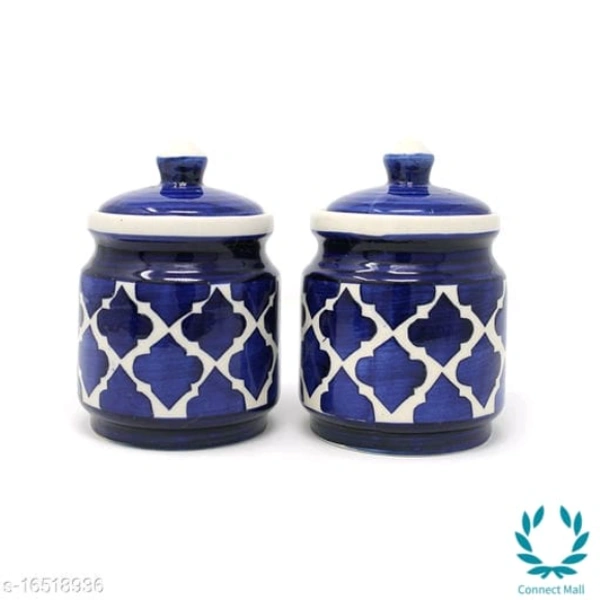 Handcrafted Morrocon Ceramic Achar Pickle Jar/Barni with Lid - Blue, Ceramic